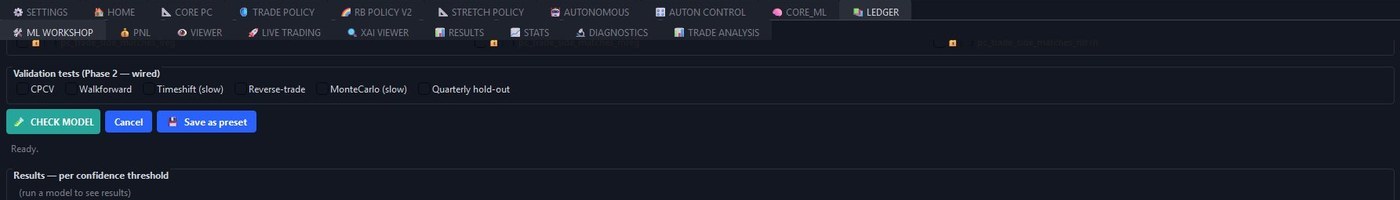 CORE ML Workshop screenshot — validation tests row with all methodologies as checkboxes